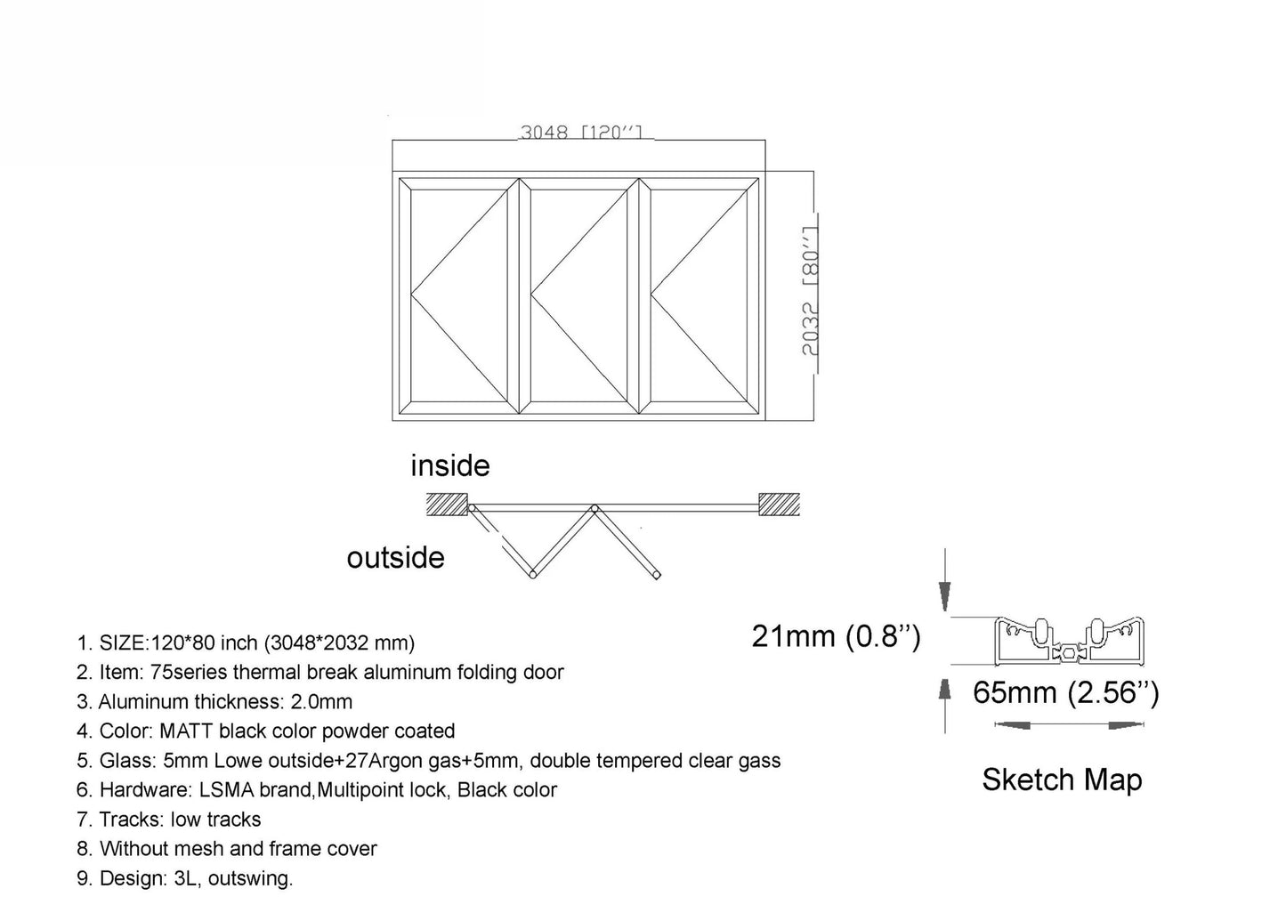 120x80 Custom Energy Efficient Aluminum Bifold Door
