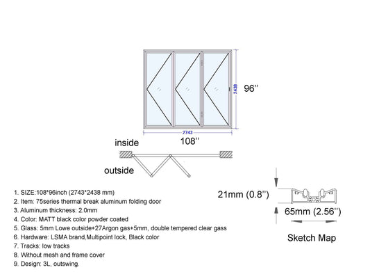 Aluminum Bifold Door 108"Wx96"H - OUT SWING FROM EXTERIOR VIEW image 1