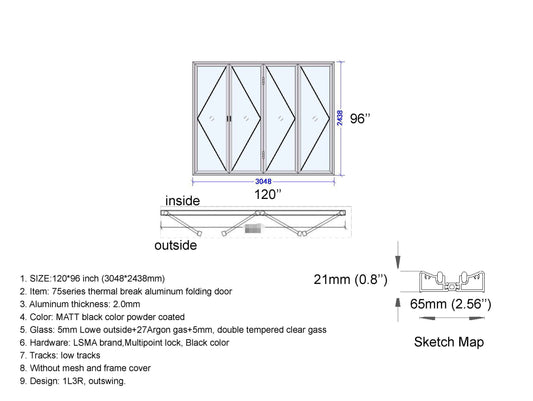 Aluminum Bifold Door 120"Wx96"H - OUT SWING FROM EXTERIOR VIEW image 1