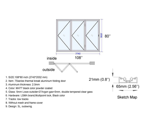 Aluminum Bifold Door 108"Wx80"H - OUT SWING FROM EXTERIOR VIEW image 1