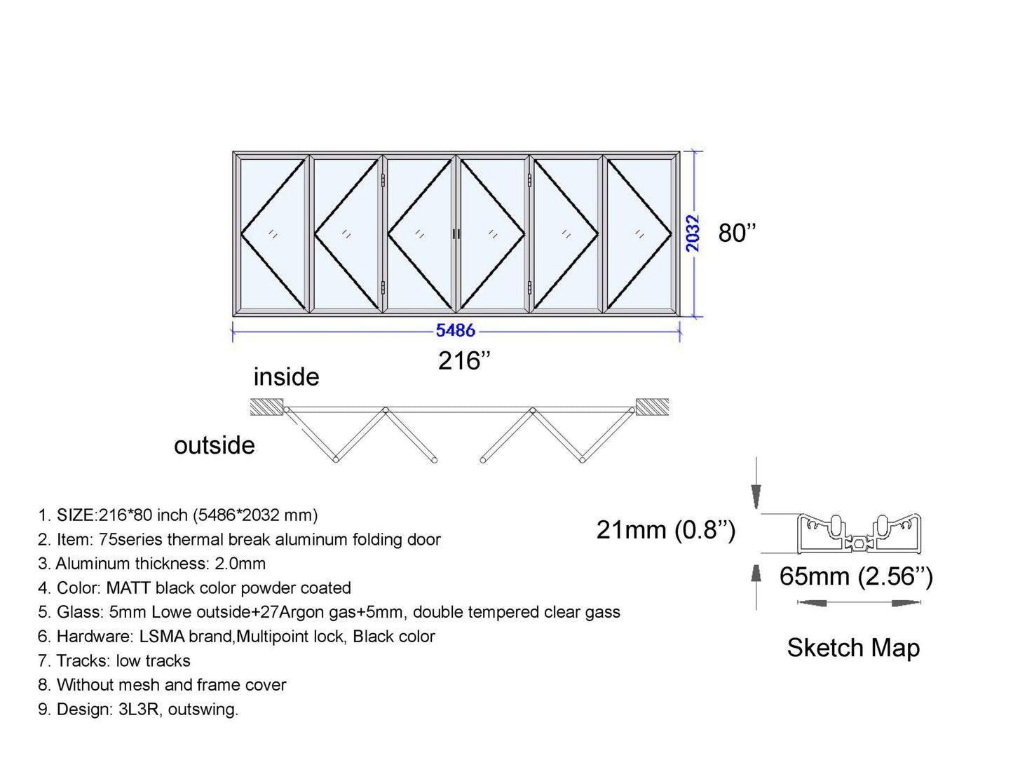 Aluminum Bifold Door 216"Wx80"H - OUT SWING FROM EXTERIOR VIEW image 14