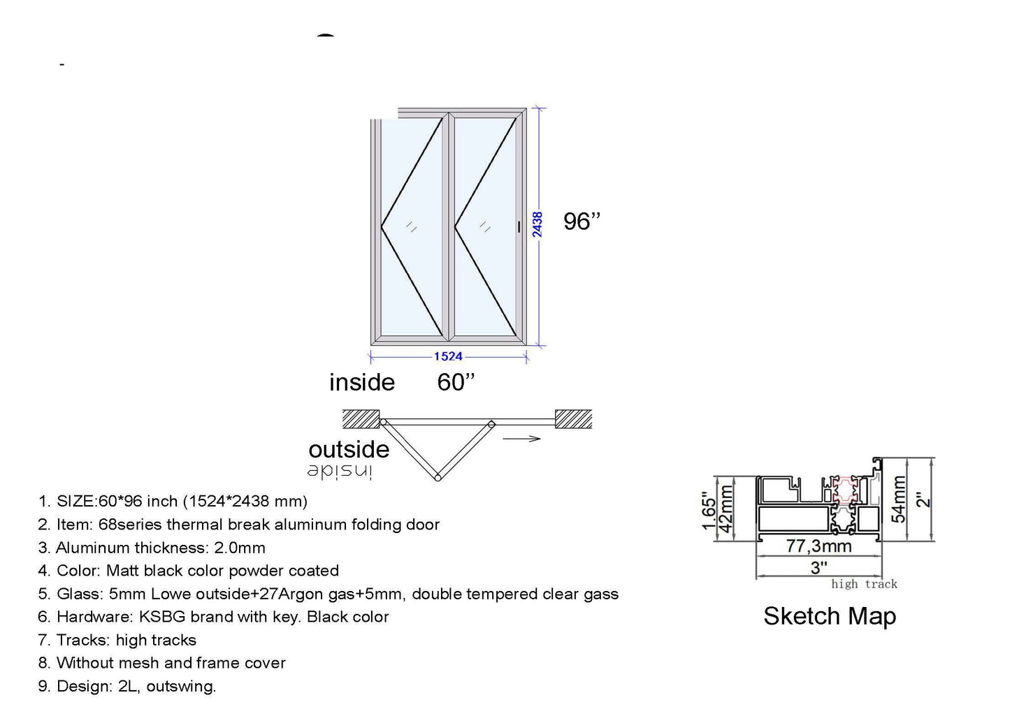 Aluminum Bifold Door 60"Wx96"H - OUT SWING FROM EXTERIOR VIEW image 1