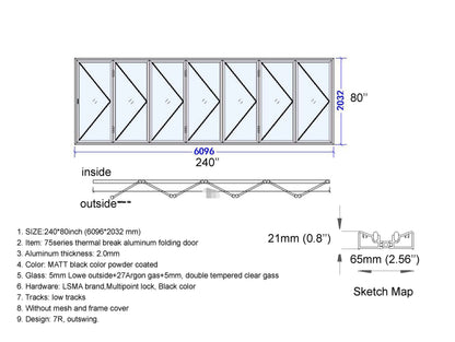 Aluminum Bifold Door 240"Wx80"H - OUT SWING FROM EXTERIOR VIEW image 8