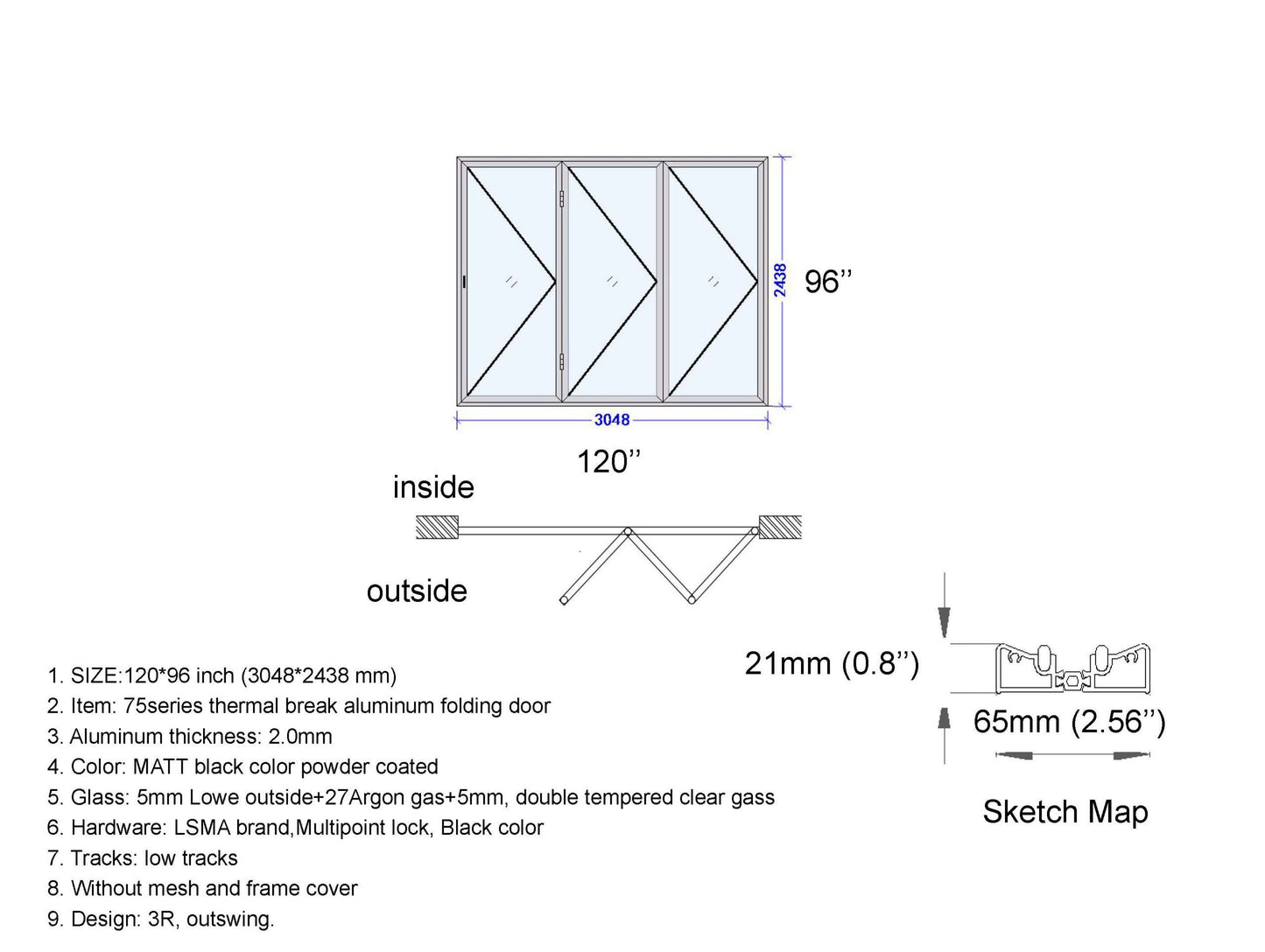 Aluminum Bifold Door 120"Wx96"H - OUT SWING FROM EXTERIOR VIEW image 10