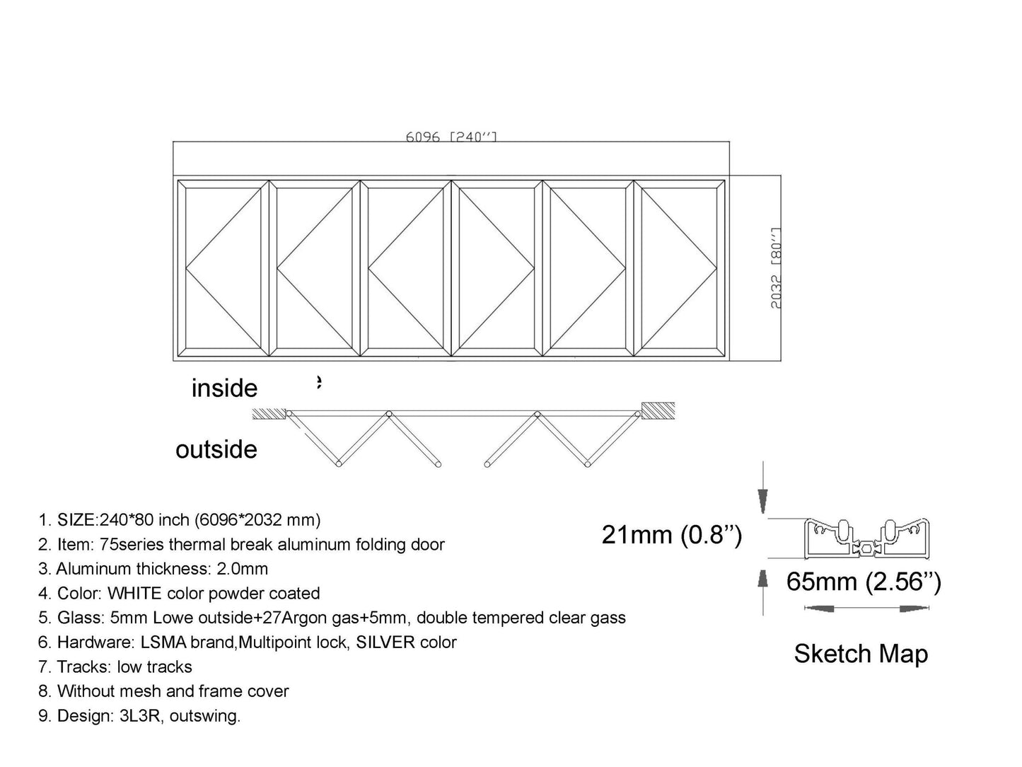 Aluminum Bifold Door 240"Wx80"H - OUT SWING FROM EXTERIOR VIEW image 18