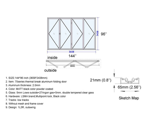 Aluminum Bifold Door 144"Wx96"H - OUT SWING FROM EXTERIOR VIEW image 1