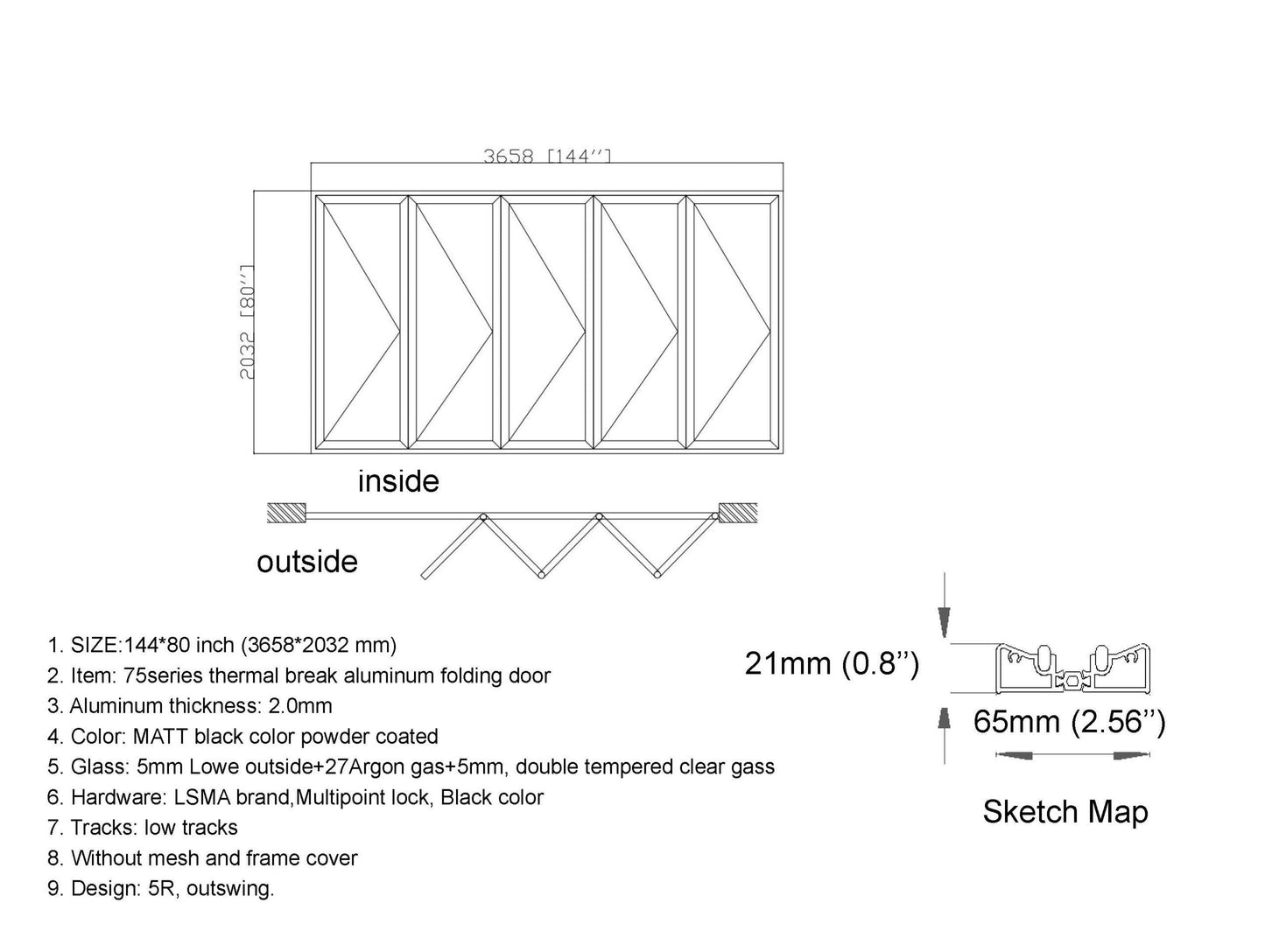Aluminum Bifold Door 144"Wx80"H - OUT SWING FROM EXTERIOR VIEW image 3