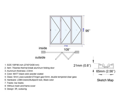 Aluminum Bifold Door 108"Wx96"H - OUT SWING FROM EXTERIOR VIEW image 3