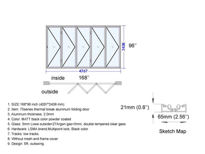 Aluminum Bifold Door 168"Wx96"H - OUT SWING FROM EXTERIOR VIEW image 6
